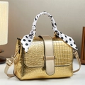 Golden crocodile pattern crossbody bag with a polka dot silk scarf handle decor - Gold