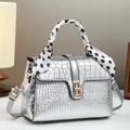 Silver stone pattern square handbag with crocodile embossing and polka dot silk scarf handle - Silver