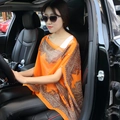 Women's bright orange paisley chiffon sun protection shawl with elegant pearl buttons - Orange