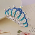 Silver crown hair comb with blue and clear rhinestones for girls on decorative plate - Blue Style 8