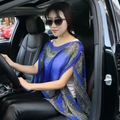 Blue paisley chiffon sun protection shawl for women with elegant white pearl trim - Royal Blue
