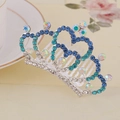 Sparkling silver crown hair comb with blue and AB iridescent crystals for girls - Blue Style 3