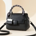 Chic black square handbag with woven texture, decorative scarf handle, and metal lock charm - 21cm x 10cm x 15cm / Black