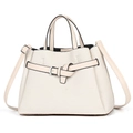 Chic beige straw texture tote bag with black trim and silver buckle detailing - Off White