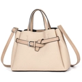 Women's woven tote bag in beige with tan leather straps and silver hardware detail - Light Khaki