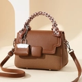 Fashionable square crossbody bag in brown leather and tweed with silk scarf handle - 21cm x 10cm x 15cm / Earthy Yellow