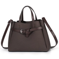 Detail of dark brown woven tote bag featuring silver metal buckle and textured finish - Coffee