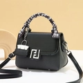 Classic black crossbody square bag with silk scarf handle and silver metal hardware - Black