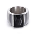 Detailed macro view showing the wide silver steel band and faceted square black gemstone - US 7 / Black Style (KR34691-K)