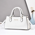 Bolso de mano blanco con efecto cocodrilo, herrajes dorados y logo Donbooly en el estudio - Blanco