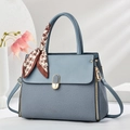 Light blue commute handbag with twill texture and silk scarf handle decoration - Blue