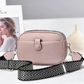 Pink lychee texture camera bag with triple zippers and geometric woven shoulder strap - Pink