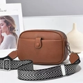 Brown lychee leather crossbody bag with three zippers and stylish wide geometric strap - Khaki/Earth Yellow