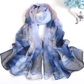 Elegant lotus floral print long silk scarf for beach sun protection in light blue and purple - Blue