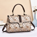 Bolso bandolera vintage elegante con estampado de abanico marrón y correa de cuero - Caqui Oscuro