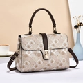 Borsa classica a patta stampata beige con finiture in pelle marrone e chiusura girevole oro - Cachi Chiaro