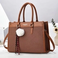 Brown patchwork tote bag with handles and detachable strap for daily commuting - Khaki/Earth Yellow