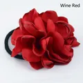 Elegant wine red fabric camellia flower hair tie with high elastic black rubber band - Red
