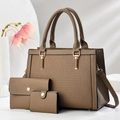 Detailed macro view of 3-piece set featuring embossed geometric pattern and golden hardware - Brown