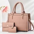 Three-piece women's tote bag set in pink lychee pattern with textured woven details - Pink