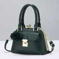 Elegant dark green shell handbag with crystal top handle and leather rose pendant - Green