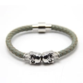 Braided leather punk bracelet in grey-green with silver skull charms and magnetic clasp - Grey + White K