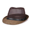 Cappello fedora estivo da uomo in lino con rete marrone scuro e tesa di paglia - Marrone