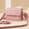 Pink crossbody bag with woven texture lid and gold hardware in a minimalist setting - Pink