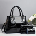 Dreiteiliges schwarzes Krokodil-Handtaschen-Set mit goldenem Logo und Hardware - Schwarz