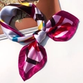 Colorful striped square silk scarf with vibrant fuchsia and yellow tones in bow knot - 5009 Rose Blue Stripes