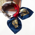 Navy and red vintage chain pattern silk square scarf with satin finish elegant design - 5005 Vintage Gold Chain