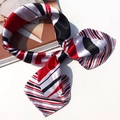 Elegant red, black and white striped satin square scarf styled in a natural knot - 5013 Red Black White Stripe