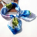 Royal blue floral square scarf in silky satin with vibrant artistic flower prints - 5003 Blue White Floral