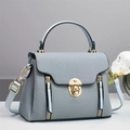 Elegant grey-blue woven canvas handbag with adjustable strap and gold metal buckle - Blue