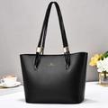 Elegant black large capacity tote bag in smooth faux leather with gold hardware - Black