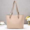 Large capacity soft leather tote bag in beige with double shoulder straps and gold hardware - Light Khaki