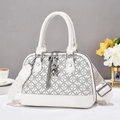 Elegant white shell crossbody bag with geometric logo pattern and wide shoulder strap - White Patterned
