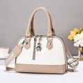 Chic women's crossbody bag featuring textured white lychee grain and wide woven strap - Khaki and White