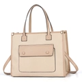 Fashionable beige and khaki patchwork tote bag with woven texture and top handles - Light Khaki