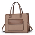 Classic canvas tote bag with brown leather trim and dual handles for summer fashion - Dark Khaki