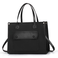 Minimalist black twill fabric tote bag with leather flap pocket and dual top handles - Black