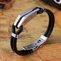 Men's minimalist black rubber bracelet with stainless steel double ring buckle detail - Geometric