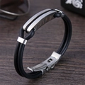 Men's couple bracelet with black silicone strap and polished silver stainless steel buckle - Arc Style