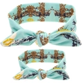 Turquoise mother and baby headband set with brown patterns and rabbit ear bows - Turquoise Blue