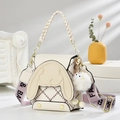 Elegante bolso de mano en cuero PU crema con diseño de conejo y correa de lona lila - Blanco Roto