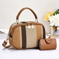 Gestreifte geflochtene Handtasche mit Ledergriffen und passendem Kartenetui Set floral - Dunkelbraun Hellbraun Beige Vertikal Gestreifter Brauner Griff (Stil 3)