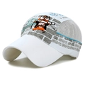 White mesh baseball cap for kids featuring a grey wall print and groundhog embroidery - White