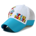 Cappellino trucker blu e bianco Space Robots per bambini con stampa a fumetti parasole - Tesa Blu Cielo con Bianco