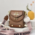 Brown leather and woven crossbody bag with swan buckle and wide fashion strap - Coffee