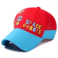 Kids baseball cap in red and blue with cartoon space robots and breathable mesh back - Sky Blue Brim with Red